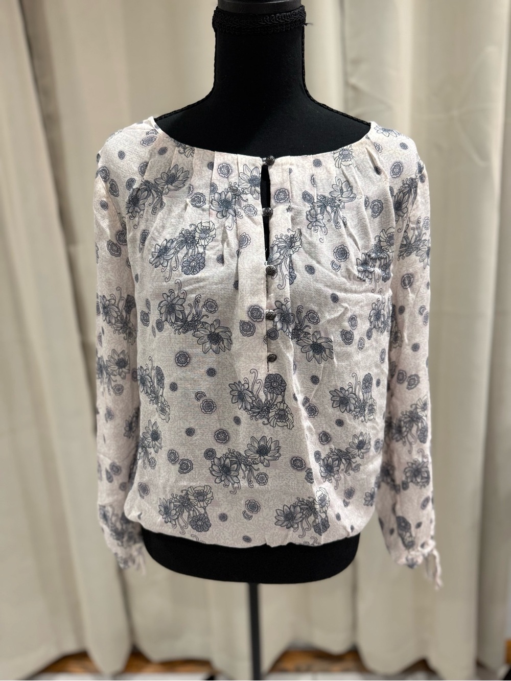 Lucky Brand White Blouse with Navy Floral Print